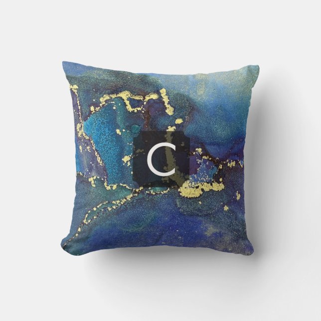 Lila Blue Teal and Guld Liquid Art Monogram Kudde (Framsida)