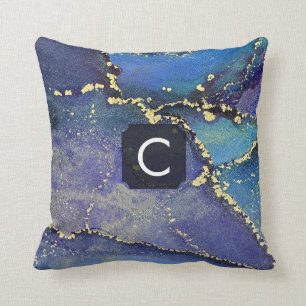 Lila Blue Teal and Guld Liquid Art Monogram Kudde