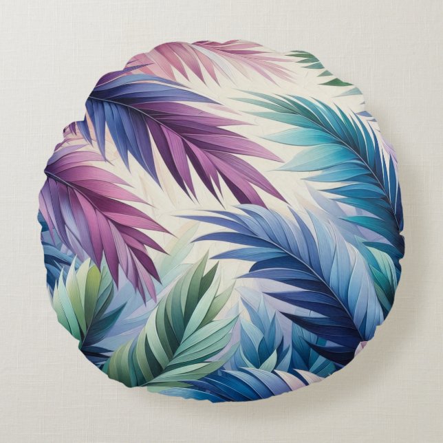 Lila Blue Teal Tropical Handflatan Löv Rund Kudde (Framsidan)