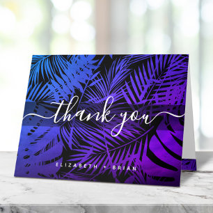 Lila Blue tropical handflatan löv mönster, skript Tack Kort