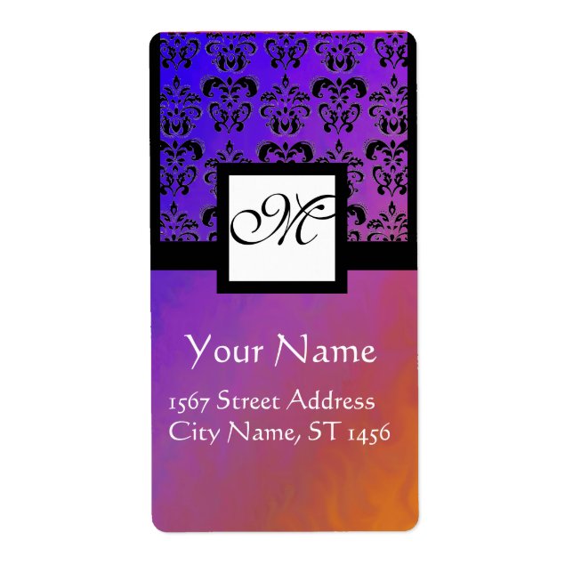 LILA BLUE VIOLET BLACK DAMASK, SQUARE MONOGRAM FRAKTSEDEL (Framsidan)