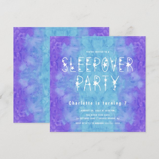 Lila Blue Watercolor Starry Girls Sleepover Invi Inbjudningar (Fram/baksida)
