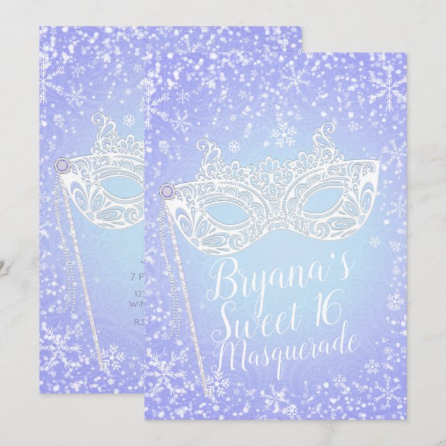 Lila Blue Winter Wonderland Masquerad Sweet 16 Inbjudningar (Fram/baksida)