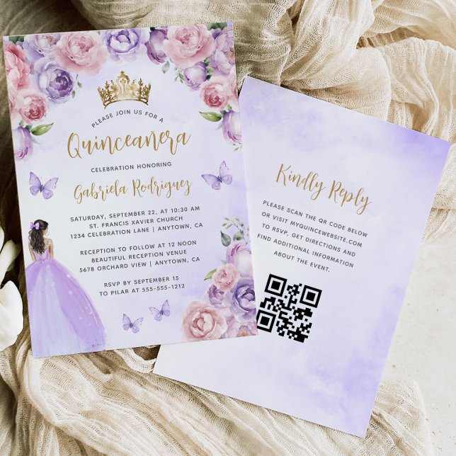 Lila Blush Blommig Guld QR-kod Quinceañera Inbjudningar (Skapare uppladdad)