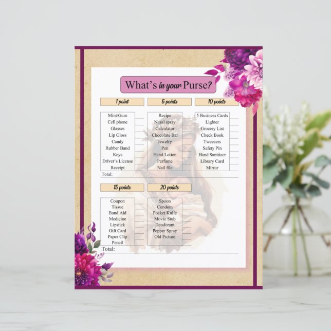 Lila Boho Baby Shower What in your Purse Game (Stående Fram)