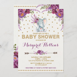 Lila Boho Blommigt Elephant Baby Shower Inbjudan