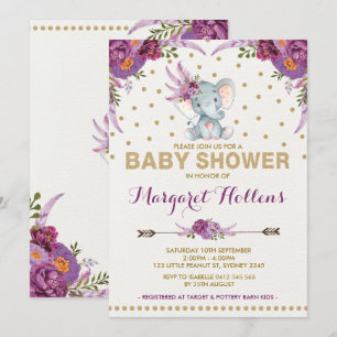 Lila Boho Blommigt Elephant Baby Shower Inbjudan