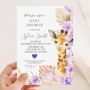 Lila Boho Blommigt Giraffe Girl Baby Shower Inbjudningar