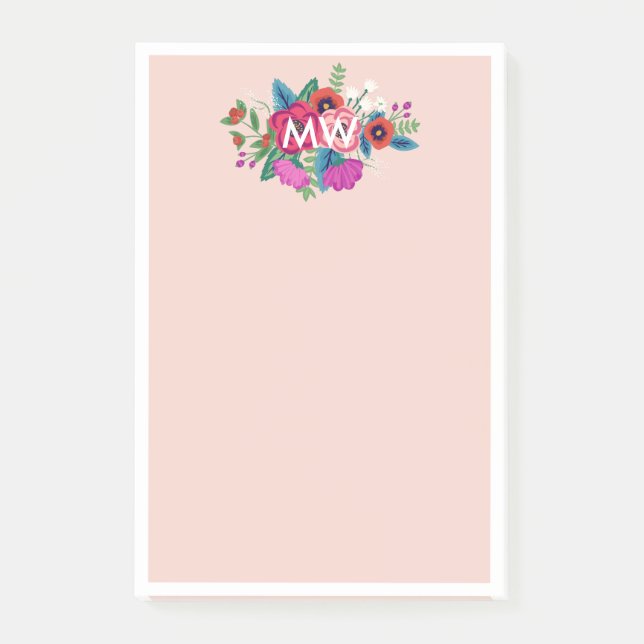  Lila Boho Blommigts White Monogram Post-it Block (Framsida)