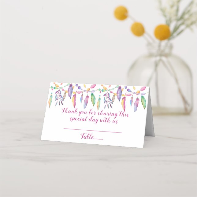 Lila Boho Bröllop Feather inative American Placeringskort (Framsida)