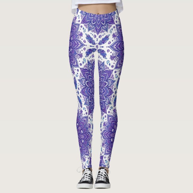 Lila Boho Mandala Blommönster Strumpbyxor Leggings (Framsida)