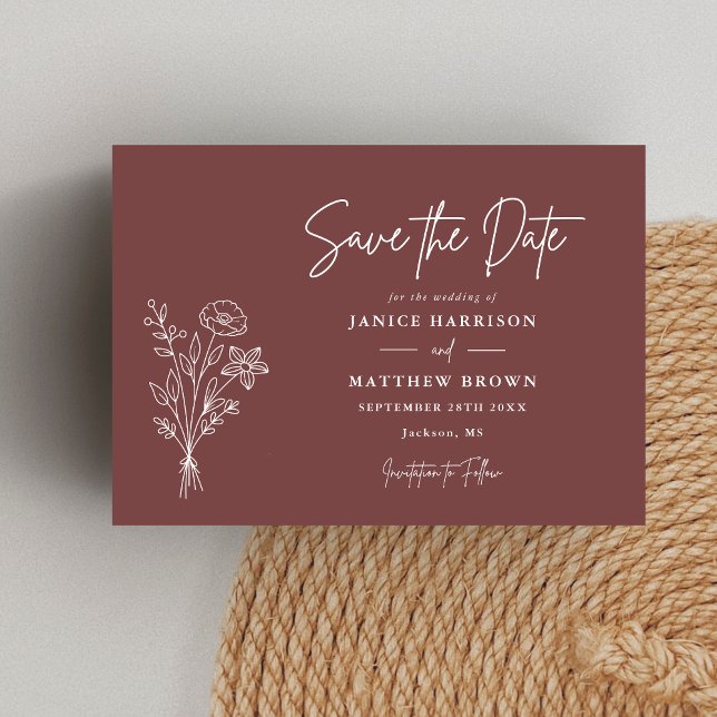 Lila Boho Minimalistiska Botaniska Foto Bröllop Spara Datumet (Mauve boho botanical photo save the date adds soft romance while announcing your wedding.)