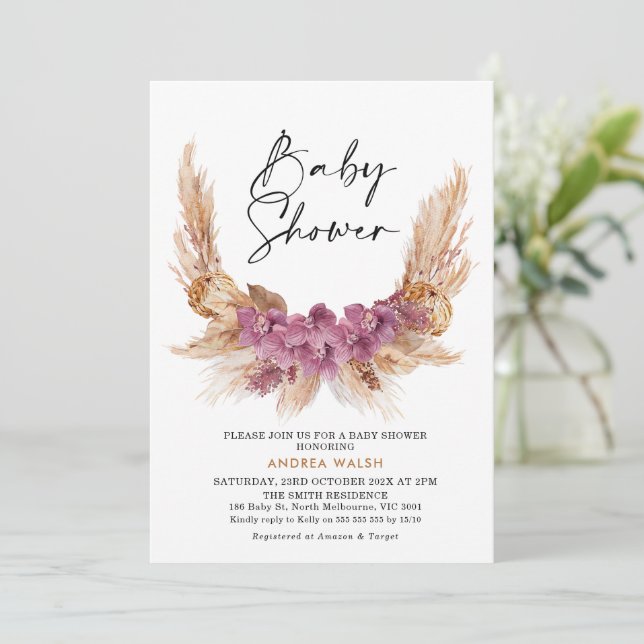 Lila Boho Pampas Grass Baby Shower-inbjudan Inbjudningar (Stående Fram)