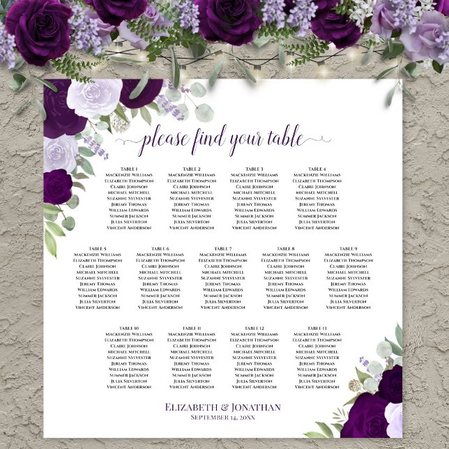Lila Boho Rosor 13 Bord Bröllopsställningsdiagram Poster (In Situ on Wall with Flowers)