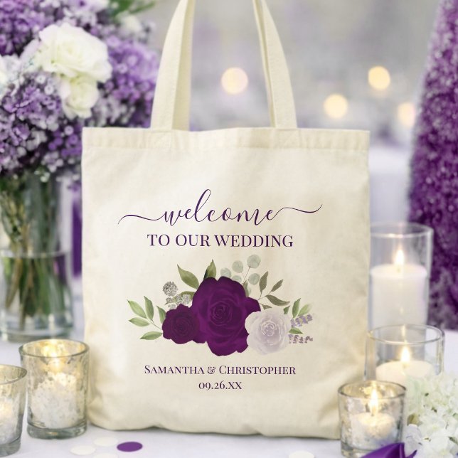 Lila Boho Rosor Elegant Bröllop Välkomstskylt Tygkasse (Skapare uppladdad)