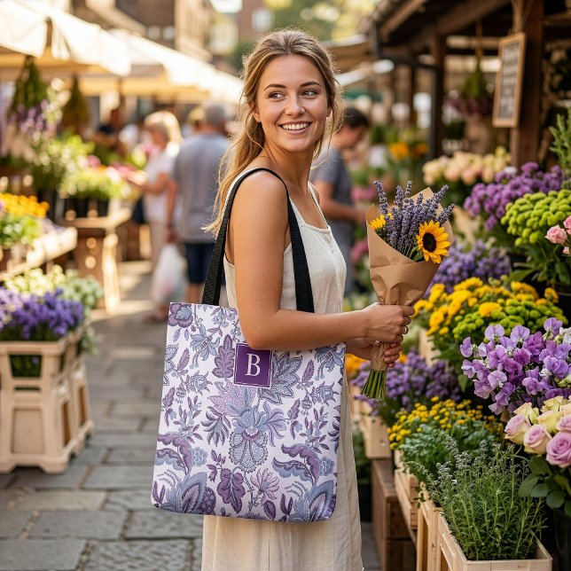 Lila Boho Vintage Blommigt Monogram Tygkasse (Skapare uppladdad)