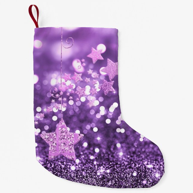 Lila Bokeh Faux Glitter & Stars Liten Julstrumpa (Framsidan)