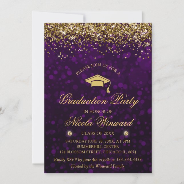 Lila Bokeh & Guld Glitter Examenstårtparty Inbjudningar (Framsida)