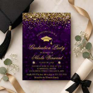 Lila Bokeh & Guld Glitter Examenstårtparty Inbjudningar