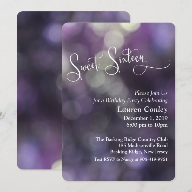Lila Bokeh Light Sweet sixteen 3 Inbjudningar (Fram/baksida)