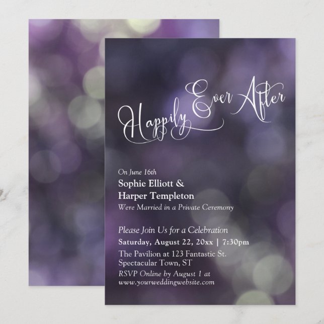 Lila Bokeh-ljus "Happily Ever After" Typografi Inbjudningar (Fram/baksida)