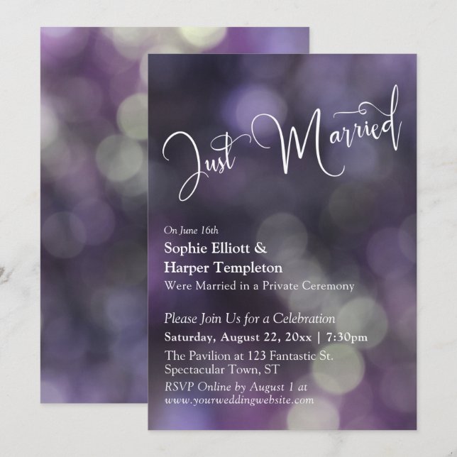 Lila Bokeh-ljus & "Just Married"-typografi Inbjudningar (Fram/baksida)