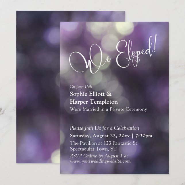 Lila Bokeh-ljus & "We Eloped"-typografi Inbjudningar (Fram/baksida)