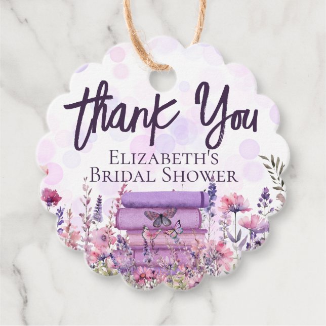 Lila bokstapel Vildblommor Fjärilar Skrift Gåvor Etiketter (Framsida)