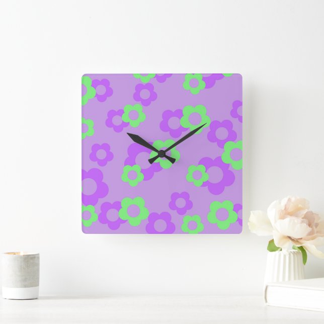 Lila Bold Y2K Wildblommor Vibrant Home Decor Fyrkantig Klocka (Hem)