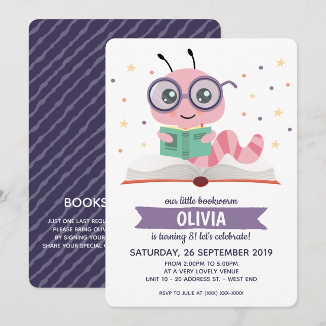 Lila Bookworm Bok Födelsedagsfest Inbjudningar (Fram/baksida)