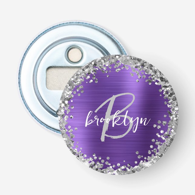 Lila Borstad Metallisk Silver Glitter Monogram Flasköppnare (Framsidan)