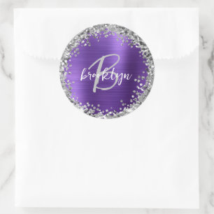 Lila Borstad Metallisk Silver Glitter Monogram Runt Klistermärke
