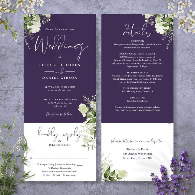 Lila botanisk blomsterallians  inbjudningar (Purple Botanical Floral All In One Wedding Invitation)