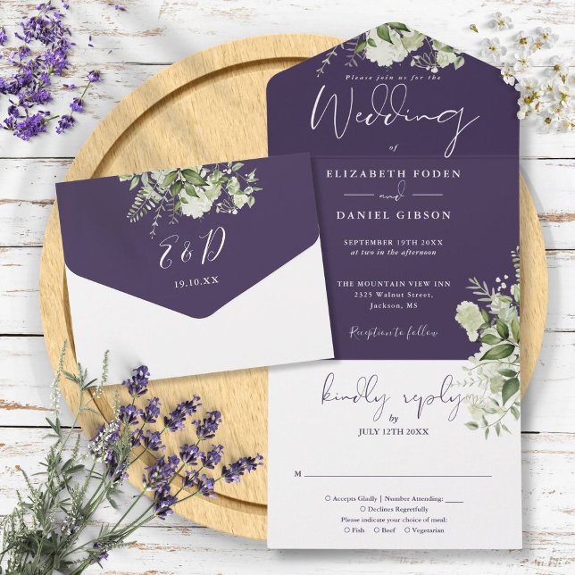 Lila Botanisk Grönska Monogram Bröllop  (Purple Botanical Greenery Monogram Wedding All In One Invitation)