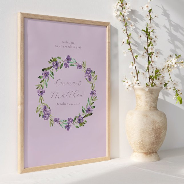 Lila botanisk krans bröllop välkomstskylt poster (Skapare uppladdad)