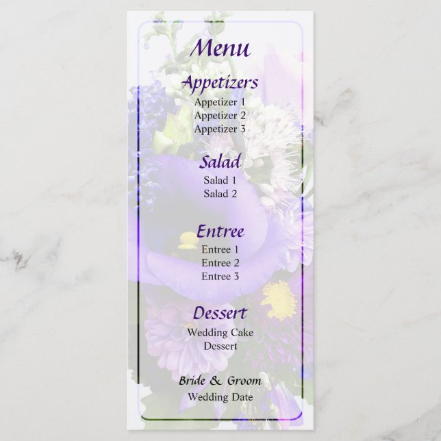 Lila Bouquet W Lilies & Delphinium Bröllop Menu Meny (Framsida)
