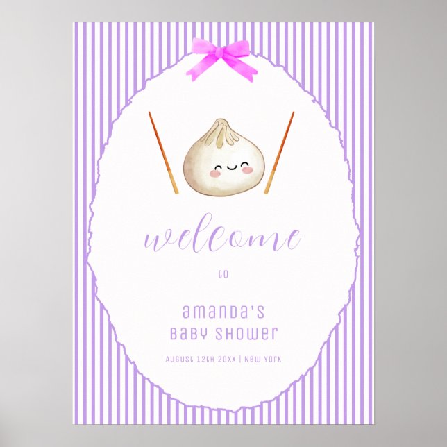 Lila Bow Asiatisk Dumplings Baby Shower Välkomstsk Poster (Framsidan)