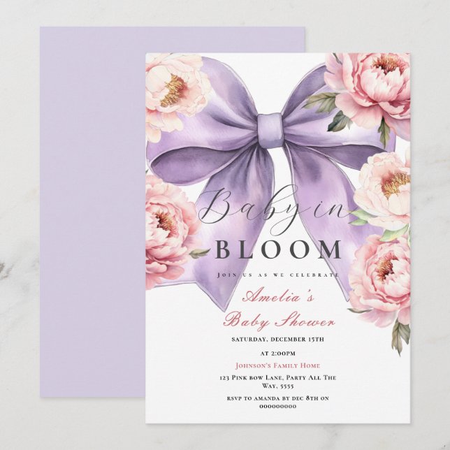 Lila Bow Baby i Bloom Baby Shower Rosa Peony Inbjudningar (Fram/baksida)