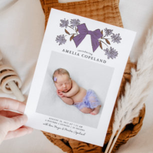 Lila Bow Baby Photo Birth Notice Meddelande