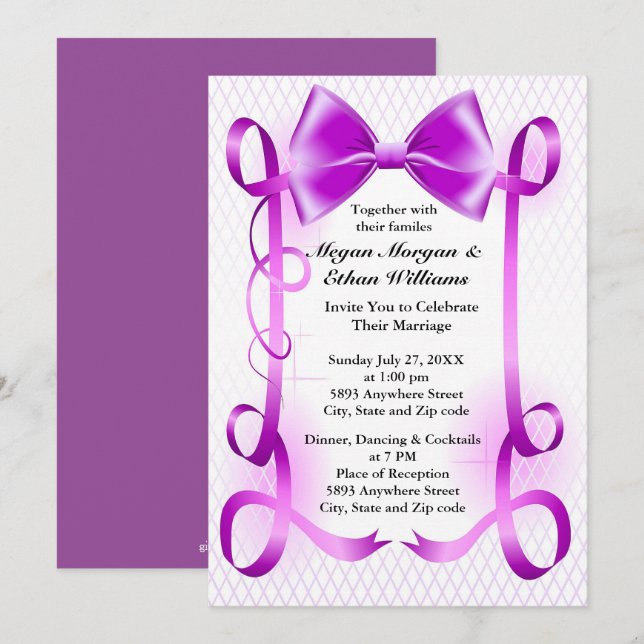 Lila Bow- och Ribbon Gräns bröllopsinbjudan Inbjudningar (Fram/baksida)