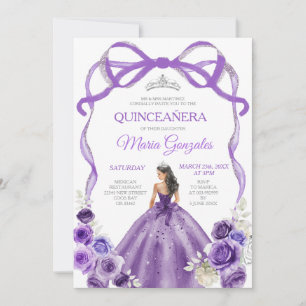 Lila Bow Princess Silver Krona Girl Quinceañera Inbjudningar