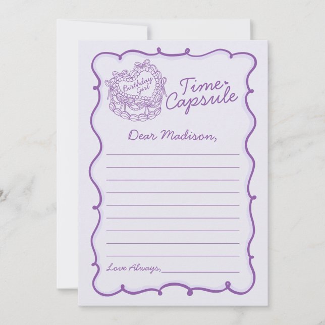 Lila Bow Retro Coquette Cake Time Capsule Card Inbjudningar (Framsida)