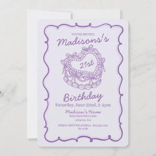 Lila Bow Retro Heart Coquette Cake 21:a födelsedag Inbjudningar