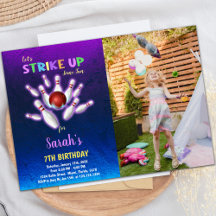 Lila Bowling Birthday-inbjudningar med foto