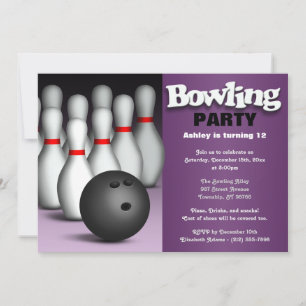 Lila bowling-födelsedagsfest med boll och käglor inbjudningar