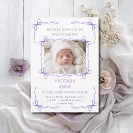 Lila Bows Baby födelsekort för foto Meddelande