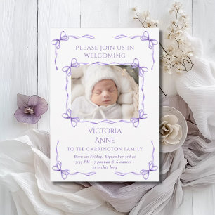Lila Bows Baby födelsekort för foto Meddelande