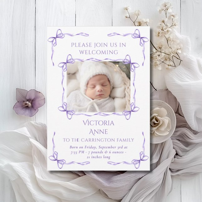 Lila Bows Baby födelsekort för foto Meddelande (Skapare uppladdad)