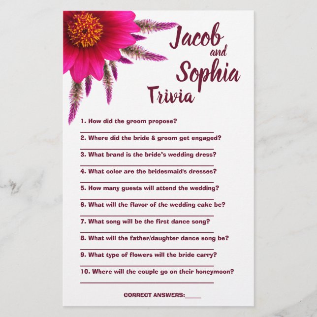 LILA BRIDE & GROOM TRIVIA SHOWER GAME CARD FLYGBLAD (Framsidan)