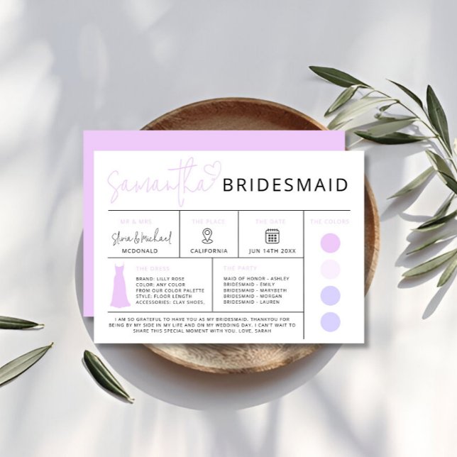 Lila Bridesmaid Info Card, Brudens sida Guide Inbjudningar (Purple Bridesmaid Info Card, Bridal Party Guide Invitation)